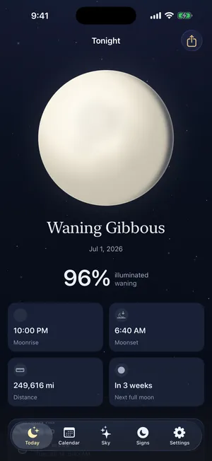 The Gibbous Today screen showing a full moon at 97 percent illumination